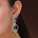 Rhodium Plated Silver Toned Teardrop Shaped Green & White American Diamond Studded Earrings