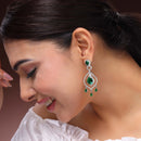 Rhodium Plated Silver Toned Teardrop Shaped Green & White American Diamond Studded Earrings