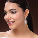 Rhodium Plated Silver Toned Teardrop Shaped Pink & White American Diamond Studded Earrings