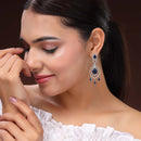 Rhodium Plated Silver Toned Teardrop Shaped Blue & White American Diamond Studded Earrings
