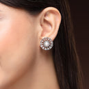 Rhodium Plated Silver Toned Floral Shaped White American Diamond & Pearl Studded Stud Earrings
