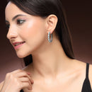Rhodium Plated Silver Toned Sea Green American Diamond Embellished Hoop Earrings