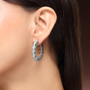 Rhodium Plated Silver Toned Sea Green American Diamond Embellished Hoop Earrings