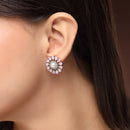 Rhodium Plated Silver Toned Floral Shaped Pink & White American Diamond & Pearl Studded Stud Earrings