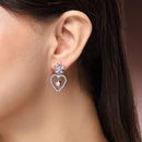 Rhodium Plated Silver Toned Hearty Floral Shaped White American Diamond Studded Drop Earrings