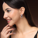Rhodium Plated Silver Toned Starry Floral Shaped Navy Blue & White American Diamond Studded Drop Earrings