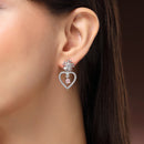 Rhodium Plated Silver Toned Hearty Floral Shaped Pink & White American Diamond Studded Drop Earrings