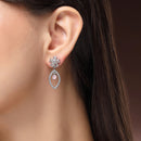 Rhodium Plated Silver Toned Floral Leaf Shaped Pink & White American Diamond Studded Drop Earrings