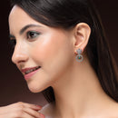 Rhodium Plated Silver Toned Floral Shaped Green & White American Diamond Studded Drop Earrings