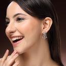 Rhodium Plated Silver Toned Starry Floral Shaped White American Diamond Studded Drop Earrings