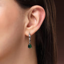 Rhodium Plated Silver Toned Teardrop Shaped Green American Diamond Studded Hoop Earrings