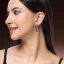 Rhodium Plated Silver Toned Navy Blue American Diamond Embellished Hoop Earrings