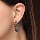 Rhodium Plated Silver Toned Navy Blue American Diamond Embellished Hoop Earrings