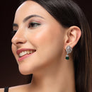 Rhodium Plated Silver Toned Leaf Shaped Green & White American Diamond Studded Drop Earrings