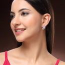 Rhodium Plated Silver Toned Floral Shaped Pink & White American Diamond Studded Stud Earrings