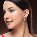 Rhodium Plated Silver Toned Leaf Shaped Red & White American Diamond Studded Drop Earrings