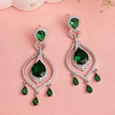 Rhodium Plated Silver Toned Teardrop Shaped Green & White American Diamond Studded Earrings