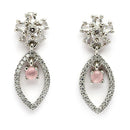 Rhodium Plated Silver Toned Floral Leaf Shaped Pink & White American Diamond Studded Drop Earrings