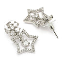 Rhodium Plated Silver Toned Starry Floral Shaped White American Diamond Studded Drop Earrings