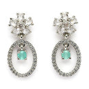Rhodium Plated Silver Toned Floral Oval Shaped Sea Green &White American Diamond Studded Drop Earrings