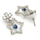 Rhodium Plated Silver Toned Starry Floral Shaped Navy Blue & White American Diamond Studded Drop Earrings