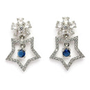Rhodium Plated Silver Toned Starry Floral Shaped Navy Blue & White American Diamond Studded Drop Earrings