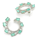 Rhodium Plated Silver Toned Sea Green & White American Diamond Embellished Earrings