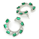Rhodium Plated Silver Toned Green & White American Diamond Embellished Earrings
