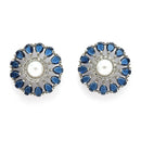 Rhodium Plated Silver Toned Floral Shaped Blue & White American Diamond & Pearl Studded Stud Earrings