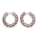 Rhodium Plated Silver Toned Red American Diamond Embellished Hoop Earrings