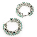 Rhodium Plated Silver Toned Sea Green American Diamond Embellished Hoop Earrings
