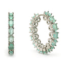 Rhodium Plated Silver Toned Sea Green American Diamond Embellished Hoop Earrings