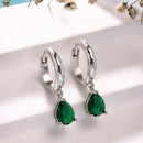 Rhodium Plated Silver Toned Teardrop Shaped Green American Diamond Studded Hoop Earrings