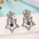 Rhodium Plated Silver Toned Starry Floral Shaped Navy Blue & White American Diamond Studded Drop Earrings