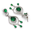 Rhodium Plated Silver Toned Teardrop Shaped Green & White American Diamond Studded Earrings