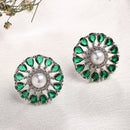 Rhodium Plated Silver Toned Floral Shaped Green & White American Diamond & Pearl Studded Stud Earrings