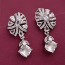 Rhodium Plated Silver Toned Leaf Shaped White American Diamond Studded Drop Earrings
