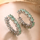 Rhodium Plated Silver Toned Sea Green American Diamond Embellished Hoop Earrings