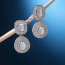 Rhodium-Plated Grey & White American Diamond studded Square & Teardrop Shaped Drop Earrings