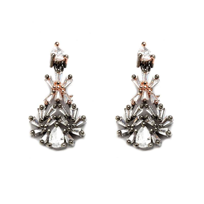 Rose Gold-Plated Floral and Pear Design Rose Black and White American Diamond Studded Jewellery Set