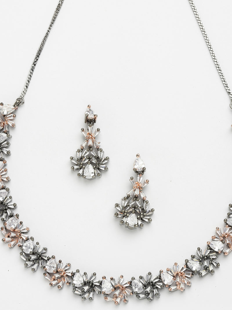 Rose Gold-Plated Floral and Pear Design Rose Black and White American Diamond Studded Jewellery Set