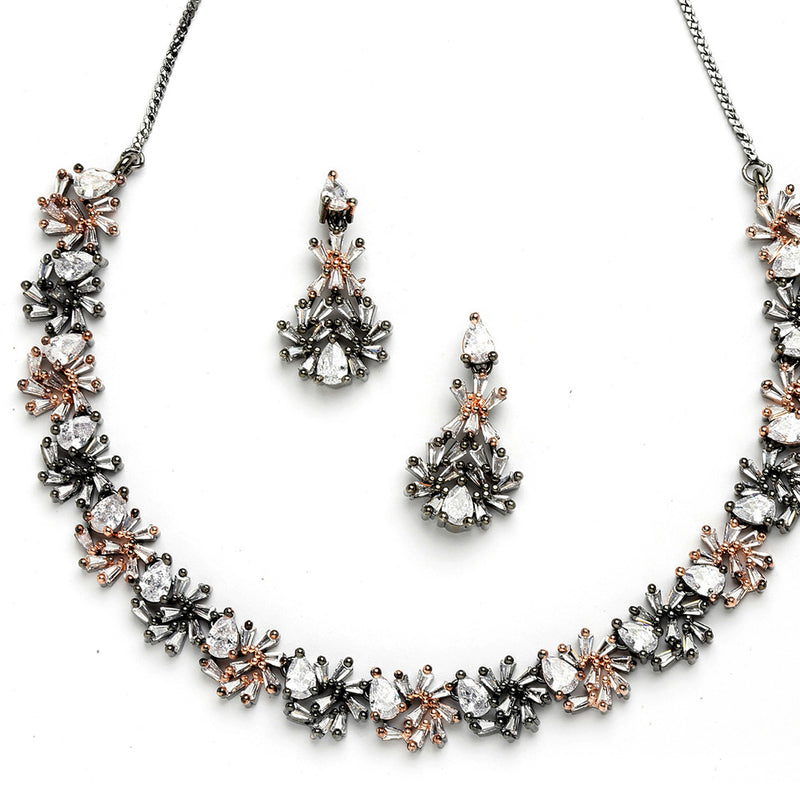 Rose Gold-Plated Floral and Pear Design Rose Black and White American Diamond Studded Jewellery Set