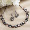 Rose Gold-Plated Floral and Pear Design Rose Black and White American Diamond Studded Jewellery Set