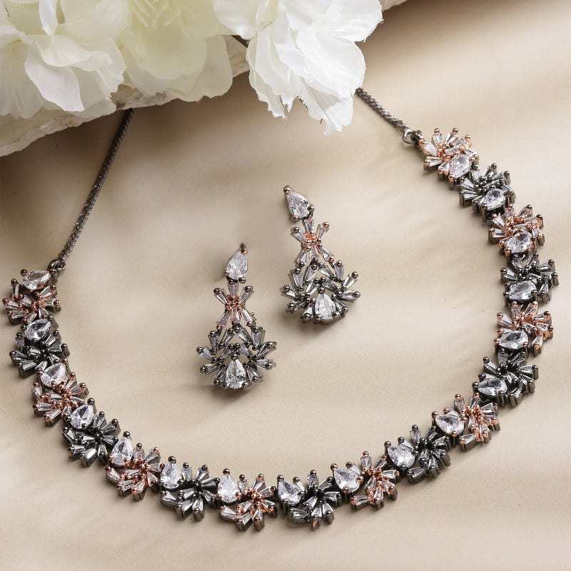 Rose Gold-Plated Floral and Pear Design Rose Black and White American Diamond Studded Jewellery Set