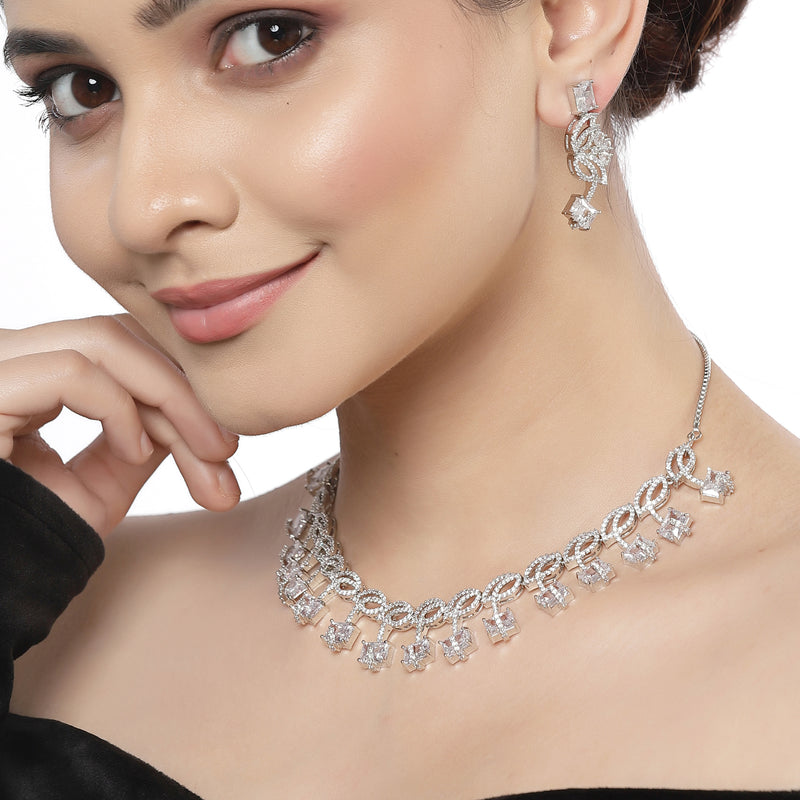 Rhodium-Plated with Silver-Toned Leaf Design White American Diamond Studded Jewellery Set