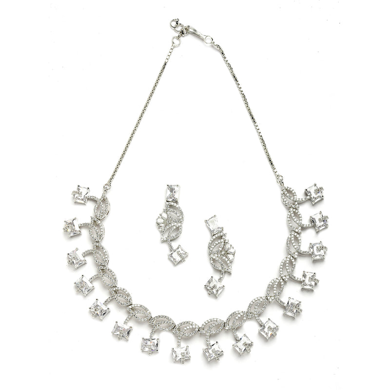 Rhodium-Plated with Silver-Toned Leaf Design White American Diamond Studded Jewellery Set