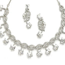 Rhodium-Plated with Silver-Toned Leaf Design White American Diamond Studded Jewellery Set