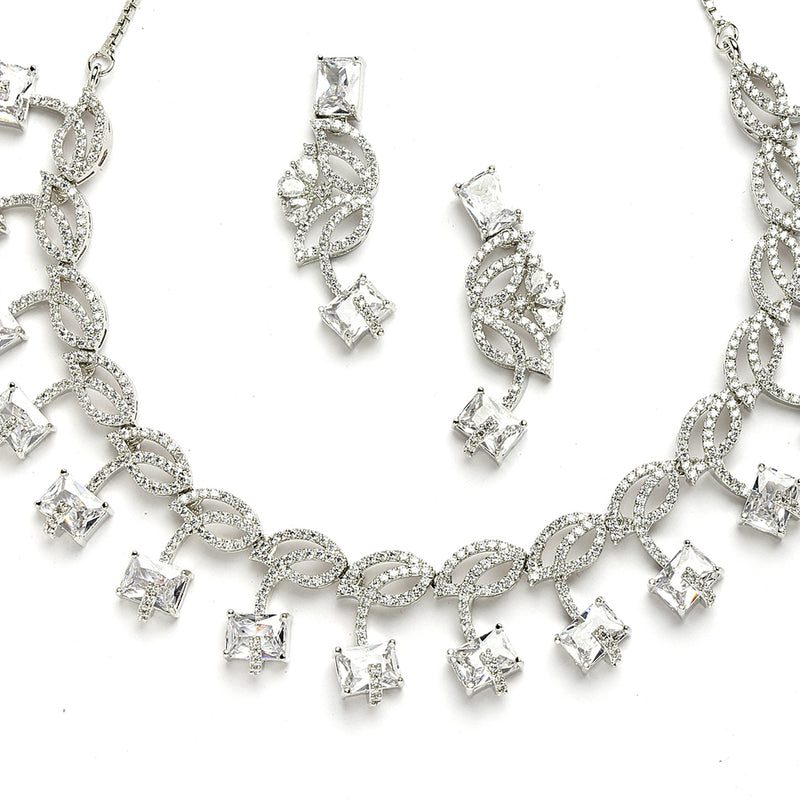 Rhodium-Plated with Silver-Toned Leaf Design White American Diamond Studded Jewellery Set