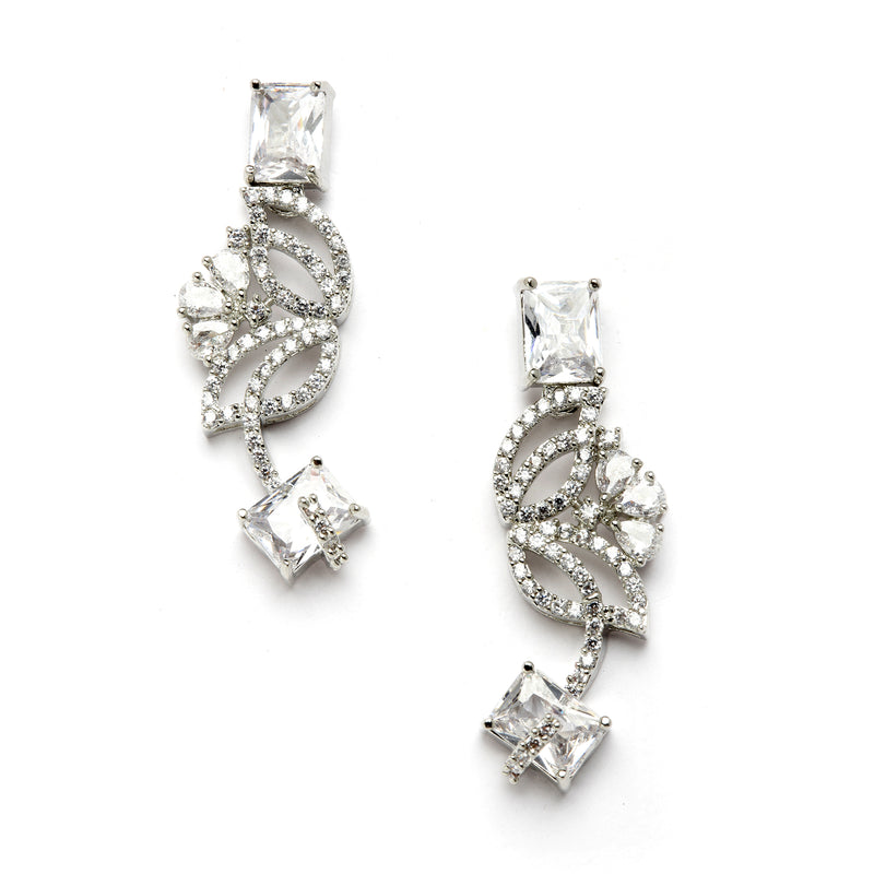 Rhodium-Plated with Silver-Toned Leaf Design White American Diamond Studded Jewellery Set