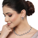 Rhodium-Plated with Silver-Toned Navy Blue and White Cubic Zirconia & American Diamond studded Necklace and Drop Earrings Jewellery Set